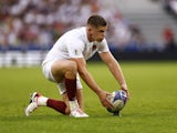 England's Owen Farrell prepares to kick penalty on October 7, 2023