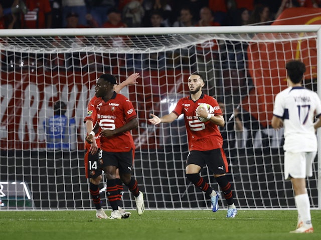 Stade Rennes' Amine Gouiri celebrates scoring their first goal on October 8, 2023