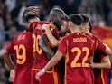Roma's Romelu Lukaku celebrates scoring their first goal with teammates on October 5, 2023