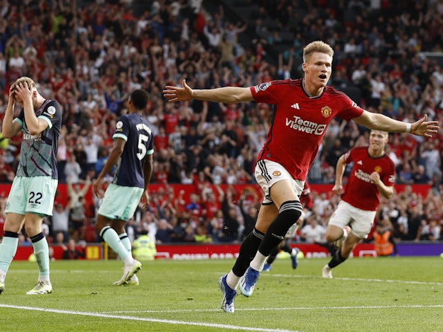 Manchester United's Scott McTominay celebrates scoring against Brentford on October 7, 2023