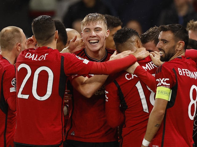 Manchester United's Rasmus Hojlund celebrates scoring against Galatasaray on October 4, 2023