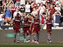West Ham United's Mohammed Kudus celebrates scoring their second goal with teammates on October 8, 2023