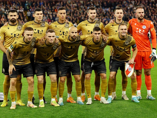 Zrinjski Mostar players pose for a team group photo before the match on October 5, 2023