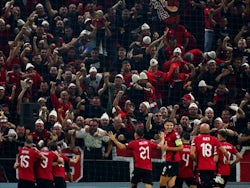Albania's Jasir Asani celebrates scoring their first goal with teammates on October 12, 2023