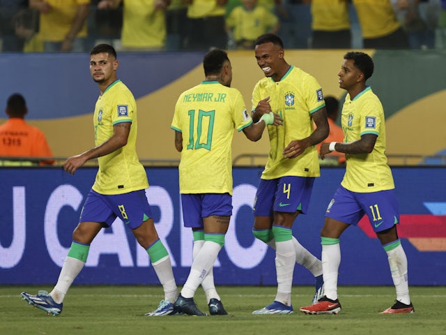 Brazil's Gabriel celebrates scoring their first goal with teammates on October 13, 2023