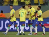 Brazil's Gabriel celebrates scoring their first goal with teammates on October 13, 2023