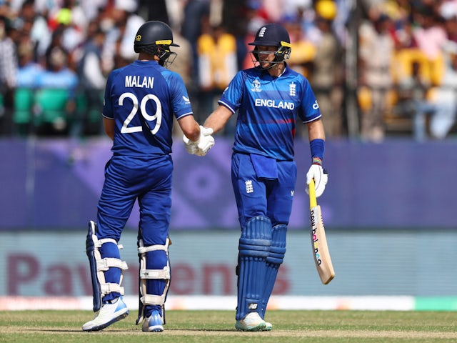 England's Dawid Malan and Joe Root against Bangladesh on October 10, 2023.
