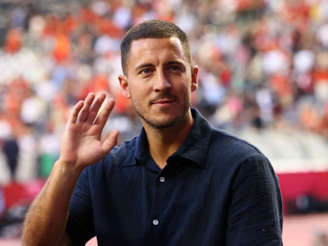Belgium's Eden Hazard acknowledges fans at half time after retiring from the national team on June 17, 2023