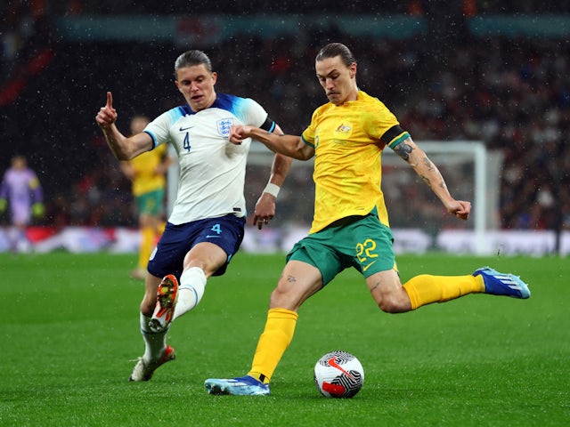 England's Conor Gallagher in action with Australia's Jackson Irvine on October 13, 2023