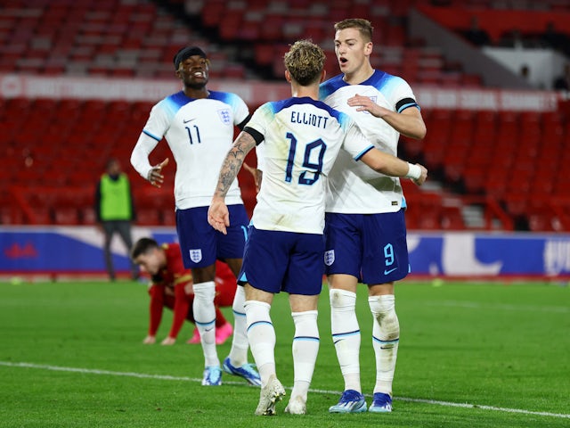 England Under-21s' Liam Delap celebrates scoring their second goal with teammates on October 12, 2023