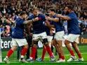France's Cyril Baille celebrates scoring their first try on October 15, 2023
