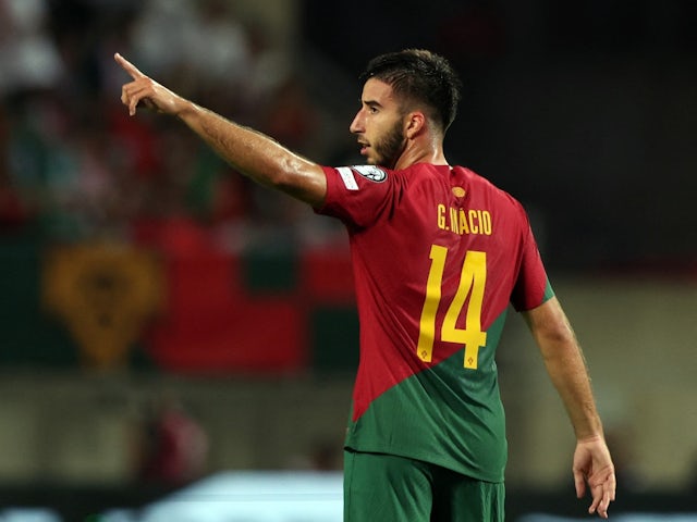 Portugal's Goncalo Inacio celebrates scoring their first goal on September 11, 2023
