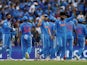 India celebrate taking a wicket against Pakistan at the Cricket World Cup on October 14, 2023.