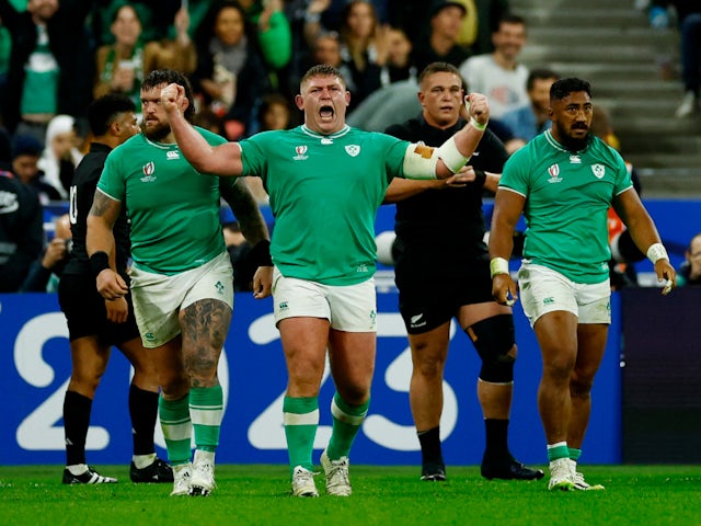Ireland's Tadhg Furlong reacts after Jamison Gibson-Park scores their second try on October 14, 2023
