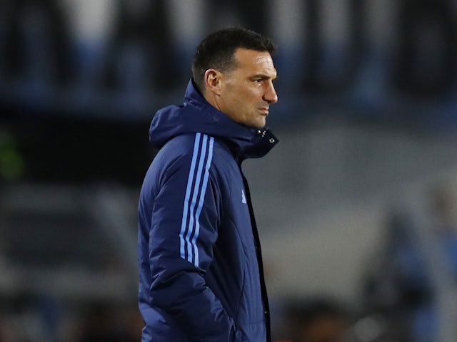 Argentina coach Lionel Scaloni reacts on October 13, 2023