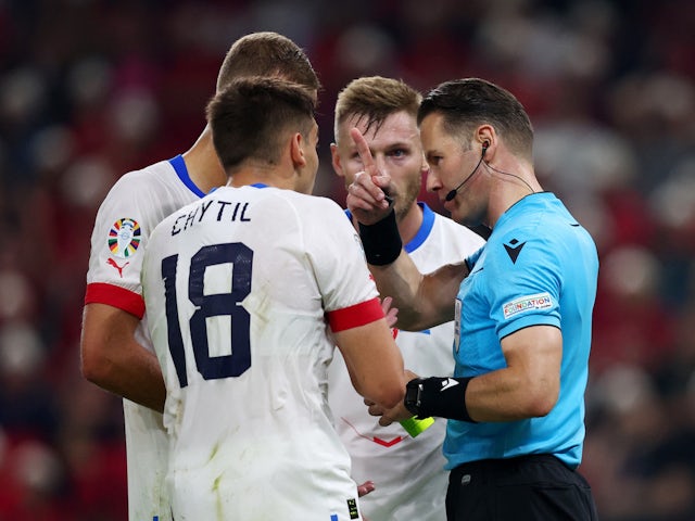 Czech Republic's Mojmir Chytil reacts before being shown a red card by referee Danny Makkelie on October 12, 2023