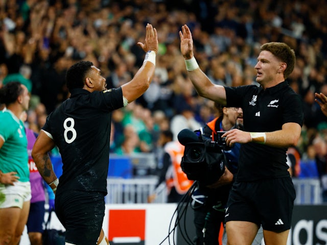 New Zealand's Ardie Savea celebrates scoring their second try on October 14, 2023