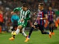 Real Betis' Juan Miranda in action with FC Barcelona's Raphinha on April 29, 2023