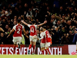 Arsenal's Leandro Trossard celebrates scoring their second goal on October 21, 2023