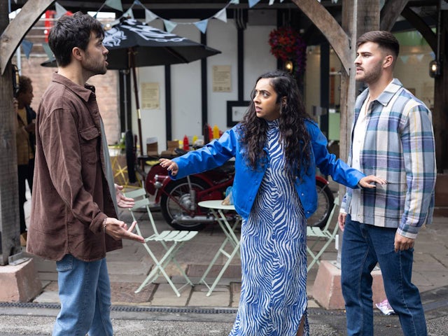 Brent, Nadira and Romeo on Hollyoaks on October 17, 2023