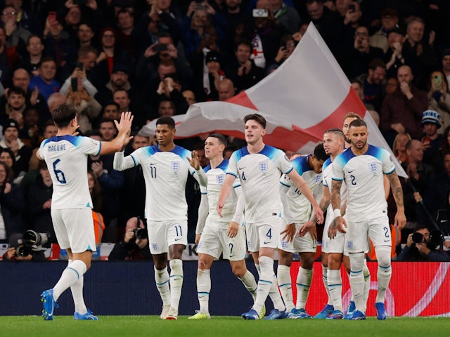 Il nazionale inglese Marcus Rashford festeggia il suo secondo gol il 17 ottobre 2023