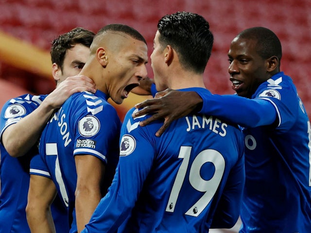 Everton's Richarlison celebrates scoring their first goal with teammates on February 20, 2021