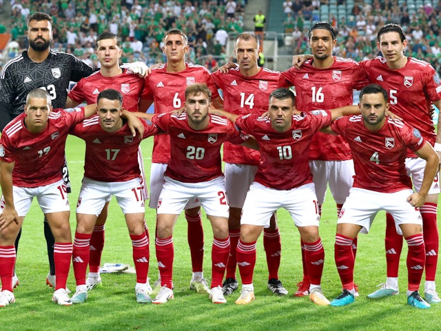 Gibraltar players pose for a team group photo before the match on October 16, 2023