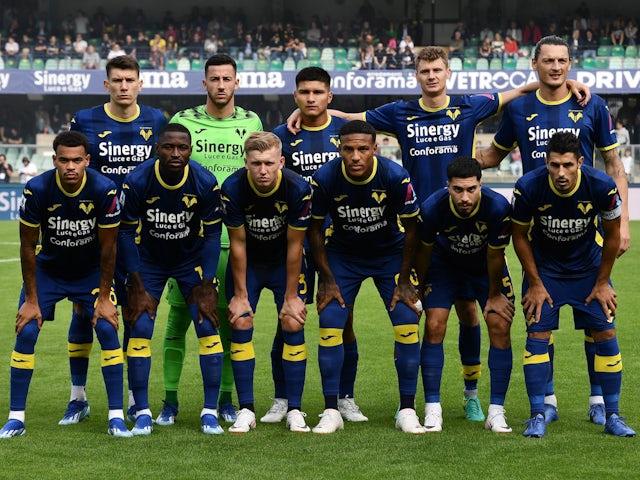 Hellas Verona players pose for a team group photo before the match on October 21, 2023