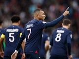 Paris Saint Germain's Kylian Mbappe celebrates scoring their first goal on October 21, 2023