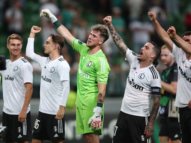 Legia Warsaw celebrating victory over Aston Villa in the Europa Conference League in September 2023.