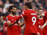 Liverpool's Mohamed Salah celebrates scoring their second goal on October 21, 2023