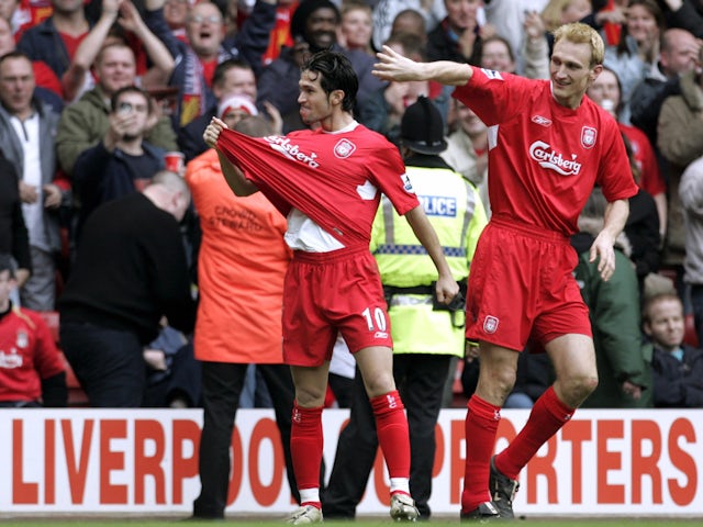 Liverpool's Luis Garcia celebrates his goal against Everton with Sami Hyypia on March 25, 2006