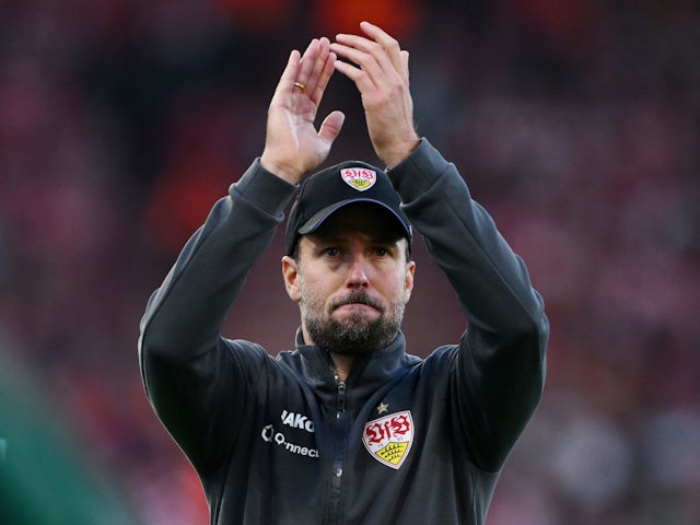 VfB Stuttgart coach Sebastian Hoeness applauds the fans after the match on October 21, 2023