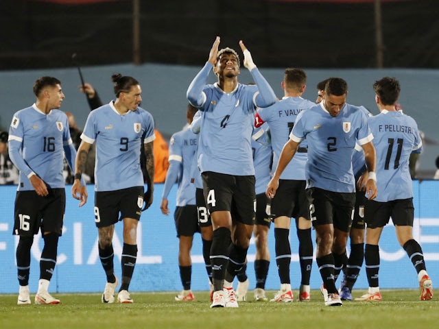Uruguay's Ronald Araujo celebrates their second goal scored by Nicolas de la Cruz on October 17, 2023