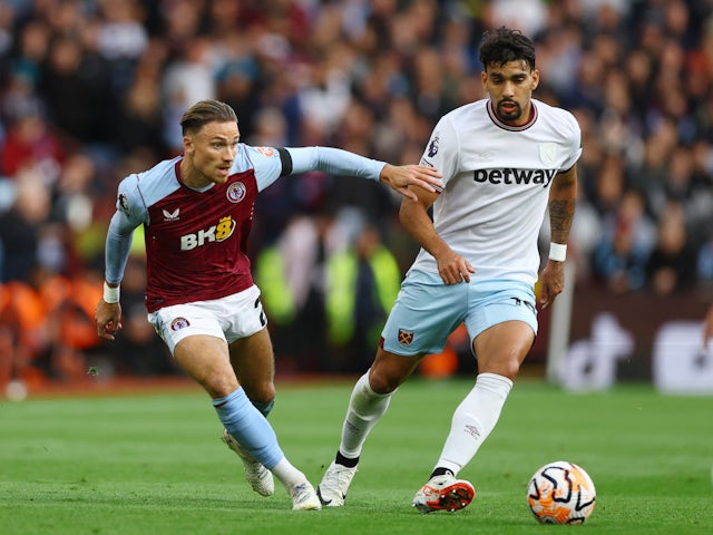 West Ham United's Lucas Paqueta in action with Aston Villa's Matty Cash on October 22, 2023