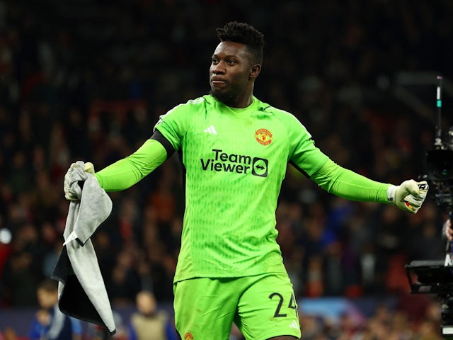 Manchester United's Andre Onana celebrates after saving a penalty missed by Copenhagen on October 24, 2023