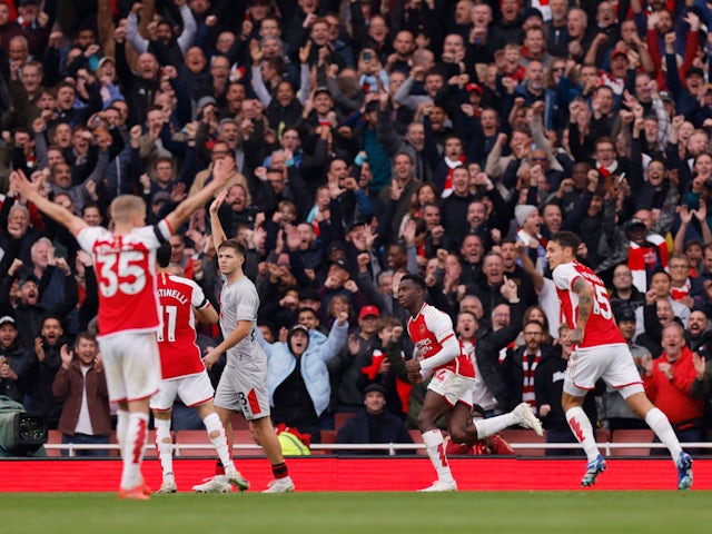 Arsenal's Eddie Nketiah celebrates scoring their second goal on October 28, 2023
