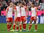 Bayern Munich's Harry Kane celebrates scoring their fifth goal with Matthijs de Ligt, Jamal Musiala and teammates on October 28, 2023