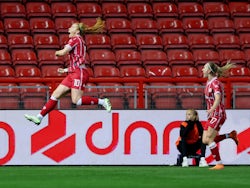 Bristol City Women's Rachel Furness celebrates scoring their first goal with Amalie Thestrup on October 22, 2023