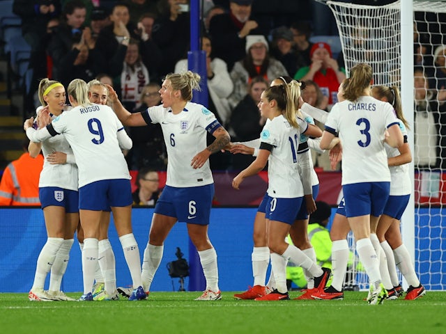 England's Lauren Hemp celebrates scoring their first goal on October 27, 2023