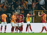 Galatasaray's Mauro Icardi celebrates scoring their first goal with teammates on October 24, 2023