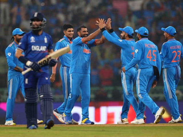 India celebrate taking an England wicket during Cricket World Cup game on October 29, 2023.