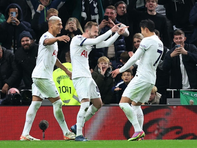 Tottenham Hotspur's James Maddison celebrates scoring their second goal with Son Heung-min and Richarlison on October 23, 2023