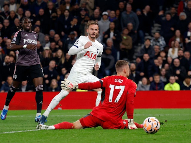 Tottenham Hotspur's James Maddison scores their second goal on October 23, 2023