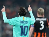 Barcelona's Lionel Messi celebrates scoring against Shakhtar Donetsk in 2011