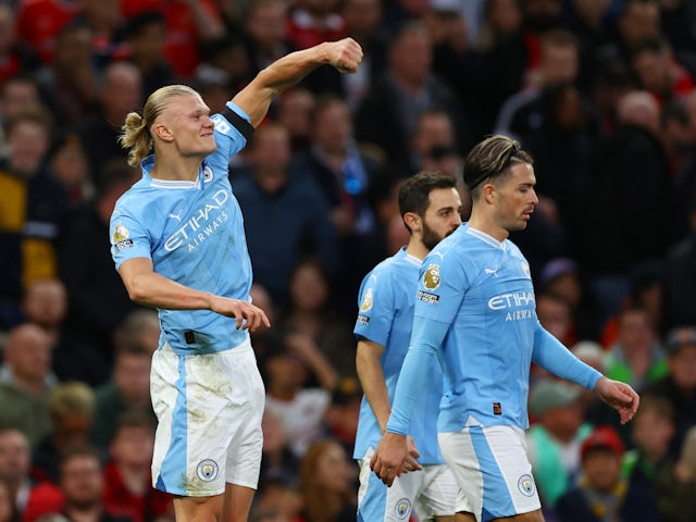 Manchester City's Erling Braut Haaland celebrates scoring their first goal on October 28, 2023