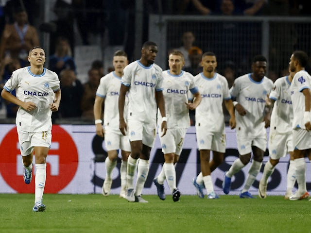 Marseille's Amine Harit celebrates scoring their first goal on October 26, 2023