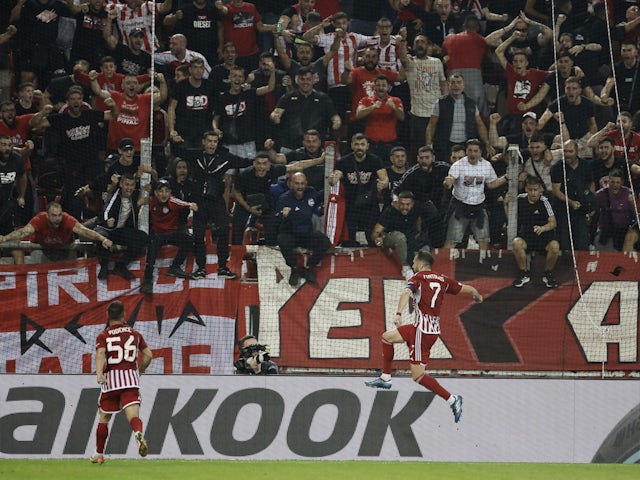 Olympiacos' Kostas Fortounis celebrates scoring against West Ham United on October 26, 2023