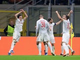 Salzburg's Oscar Gloukh celebrates scoring their first goal with teammates on October 24, 2023