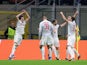 Salzburg's Oscar Gloukh celebrates scoring their first goal with teammates on October 24, 2023